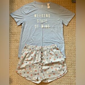 Large PJ Place Women's Sleep Set Shorts & T Shirt Baby Blue Coffee & Donuts NWT